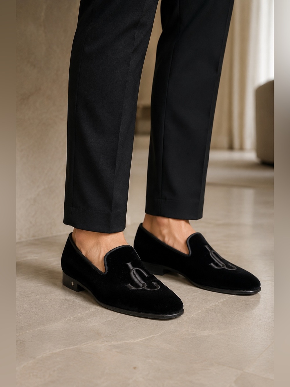 JIMMY CHOO VELVET LEATHER EMBROIDERY LOAFERS BLACK ITALY SIZE 40,5  US 7.5